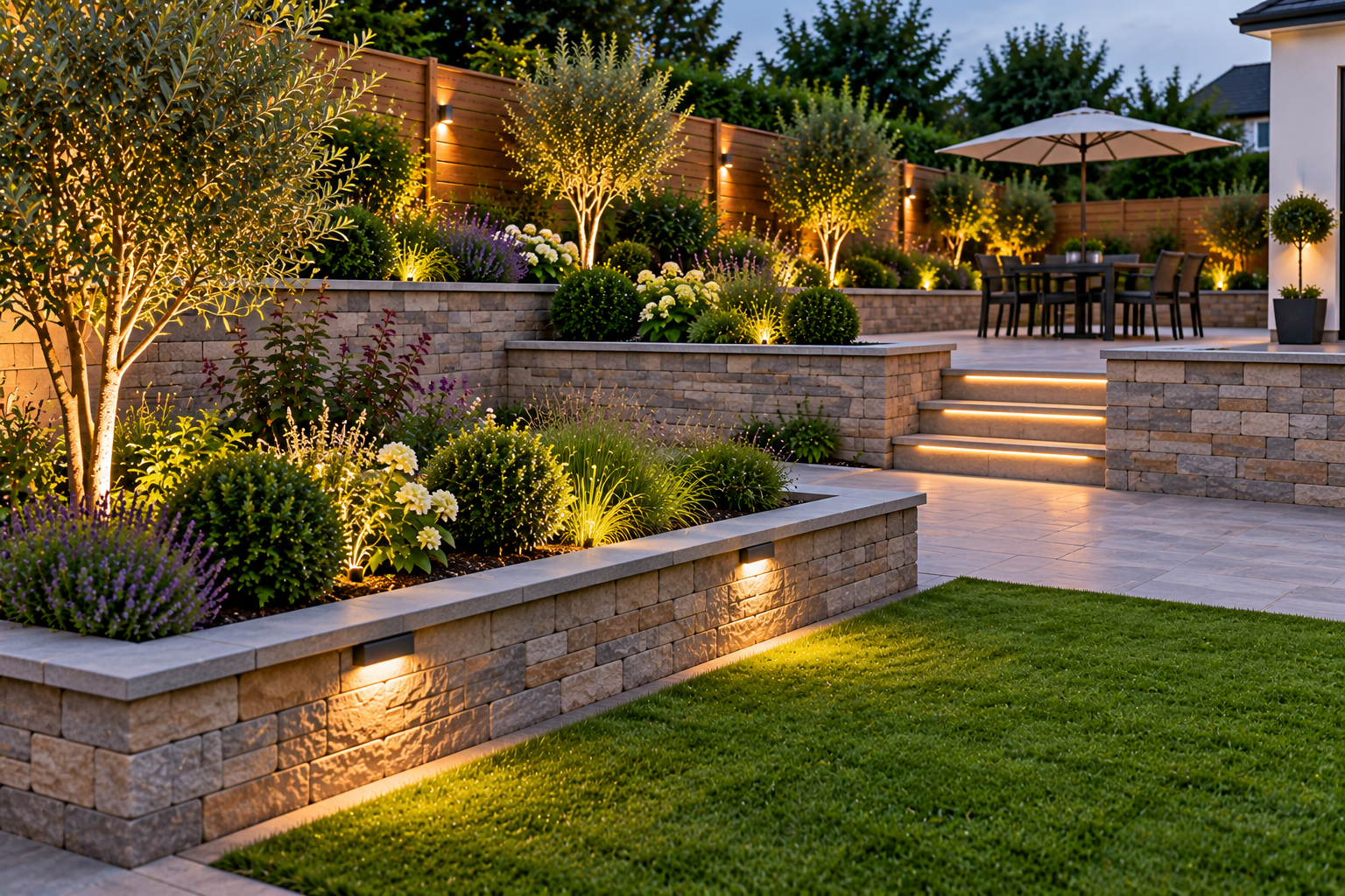 Modern timber garden walls and raised planting beds filled with colorful flowers and greenery beside a raised wooden deck in a landscaped backyard.