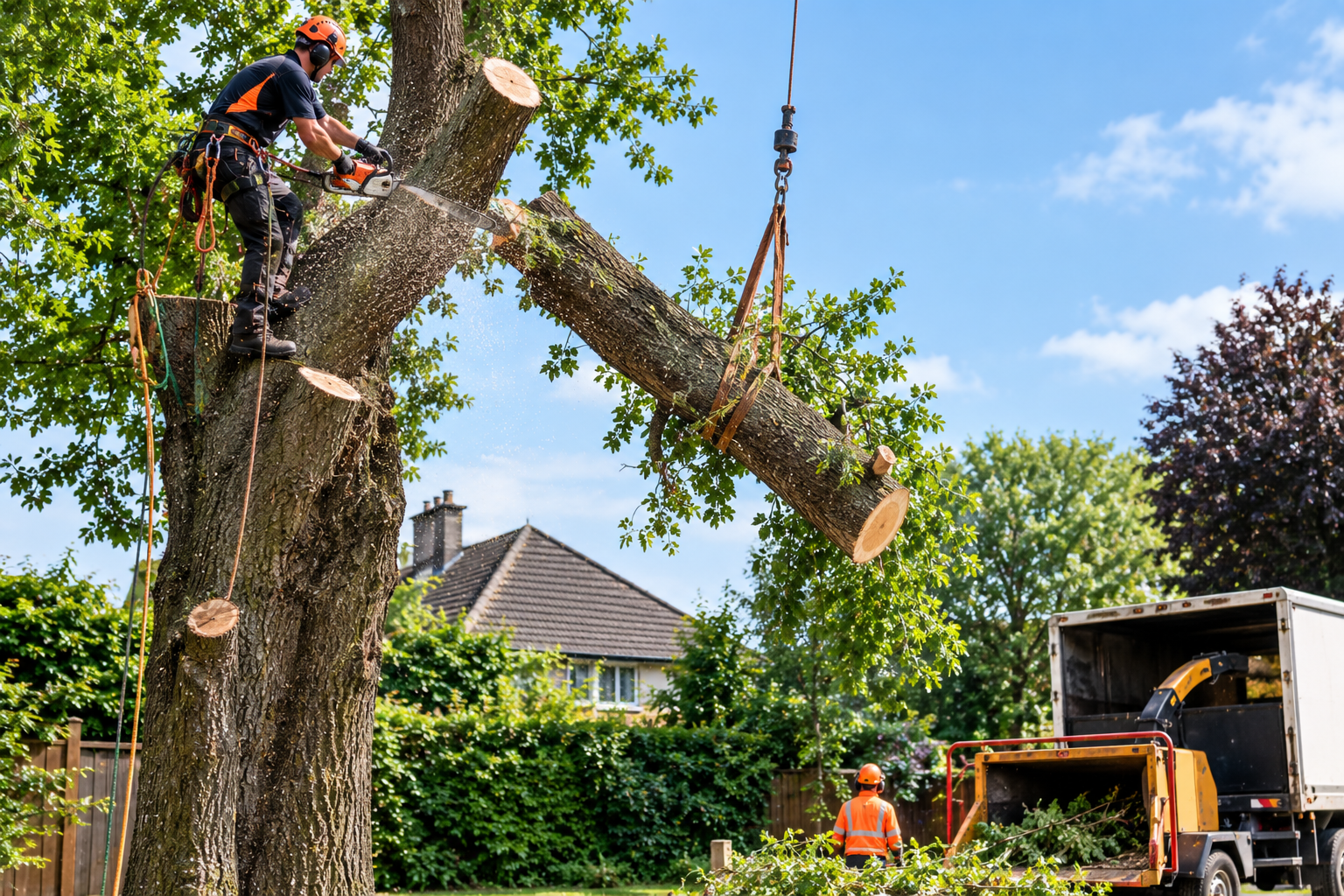 Professional tree removal service cutting and lowering large tree branches using specialist equipment.
