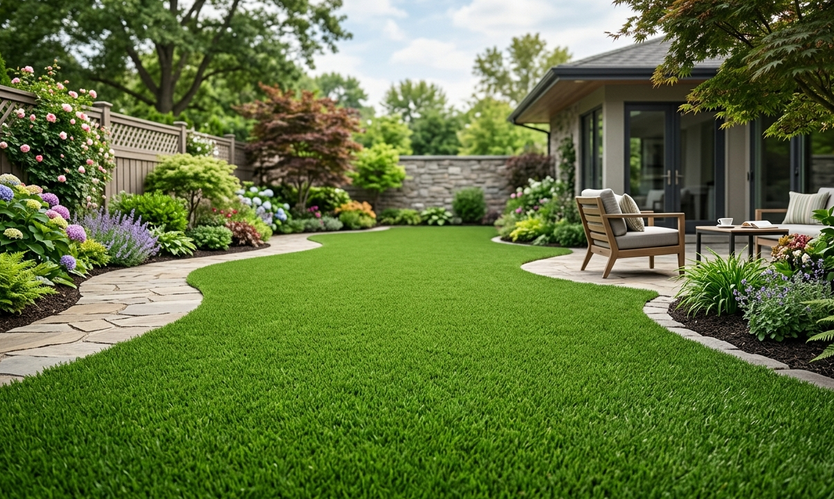 A detailed close-up shot capturing a section of the pristine artificial turf from a low angle.