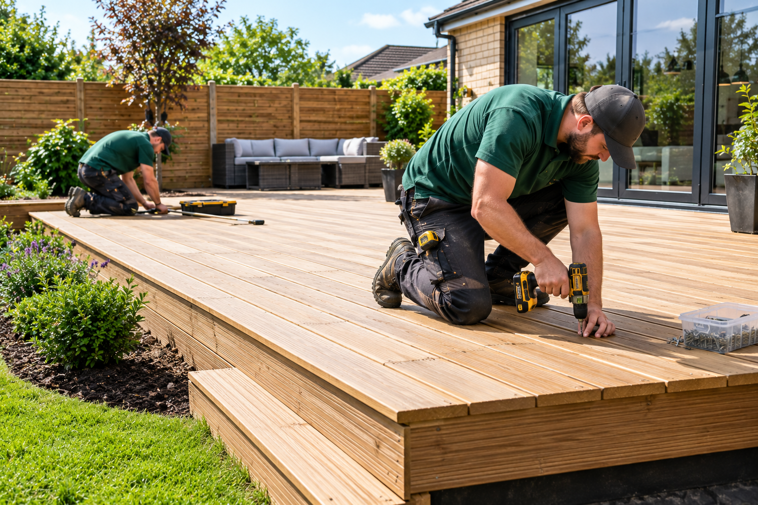 Professional decking service installing timber boards for a modern garden deck.