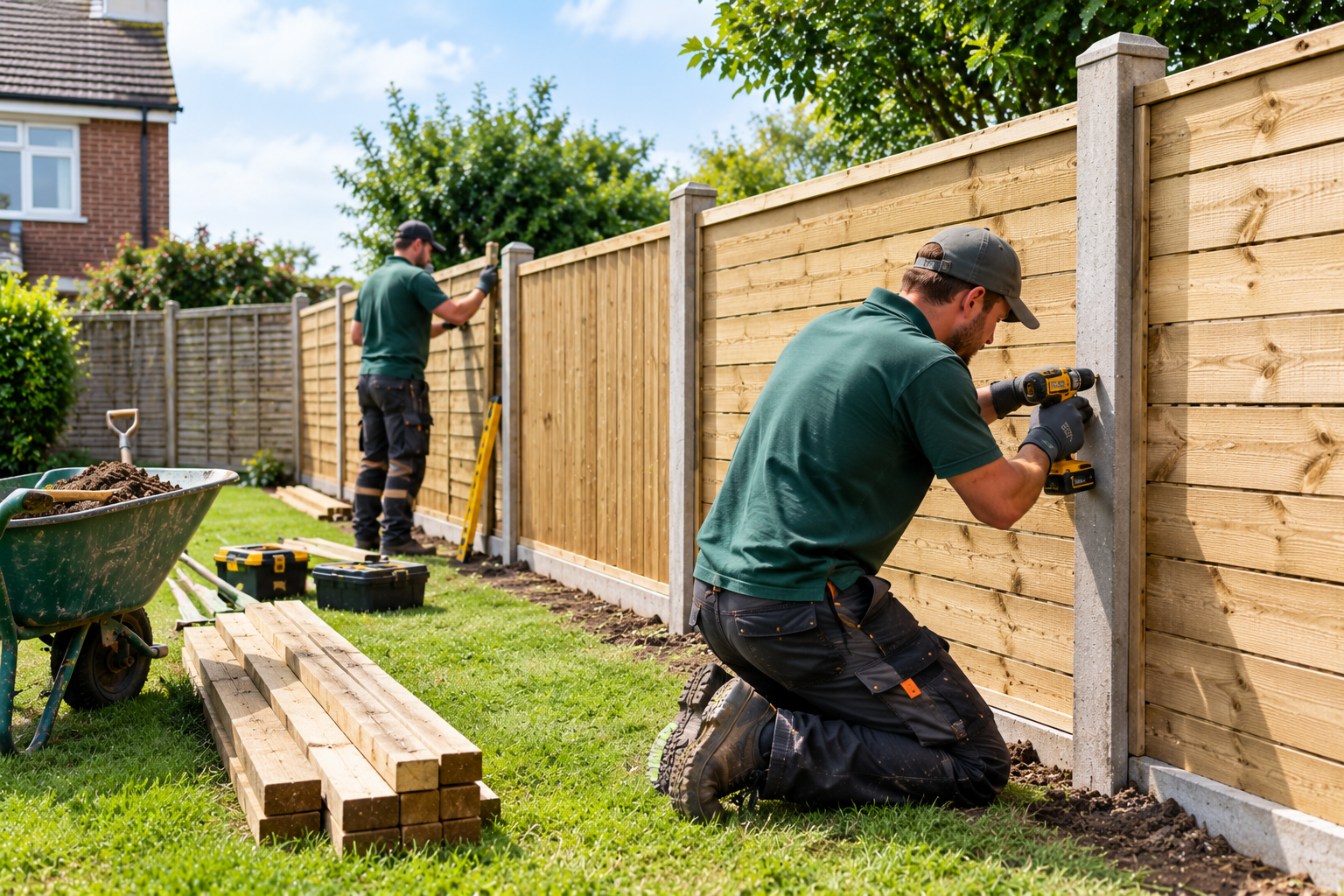 Professional fencing service installing a new timber garden fence with concrete posts.