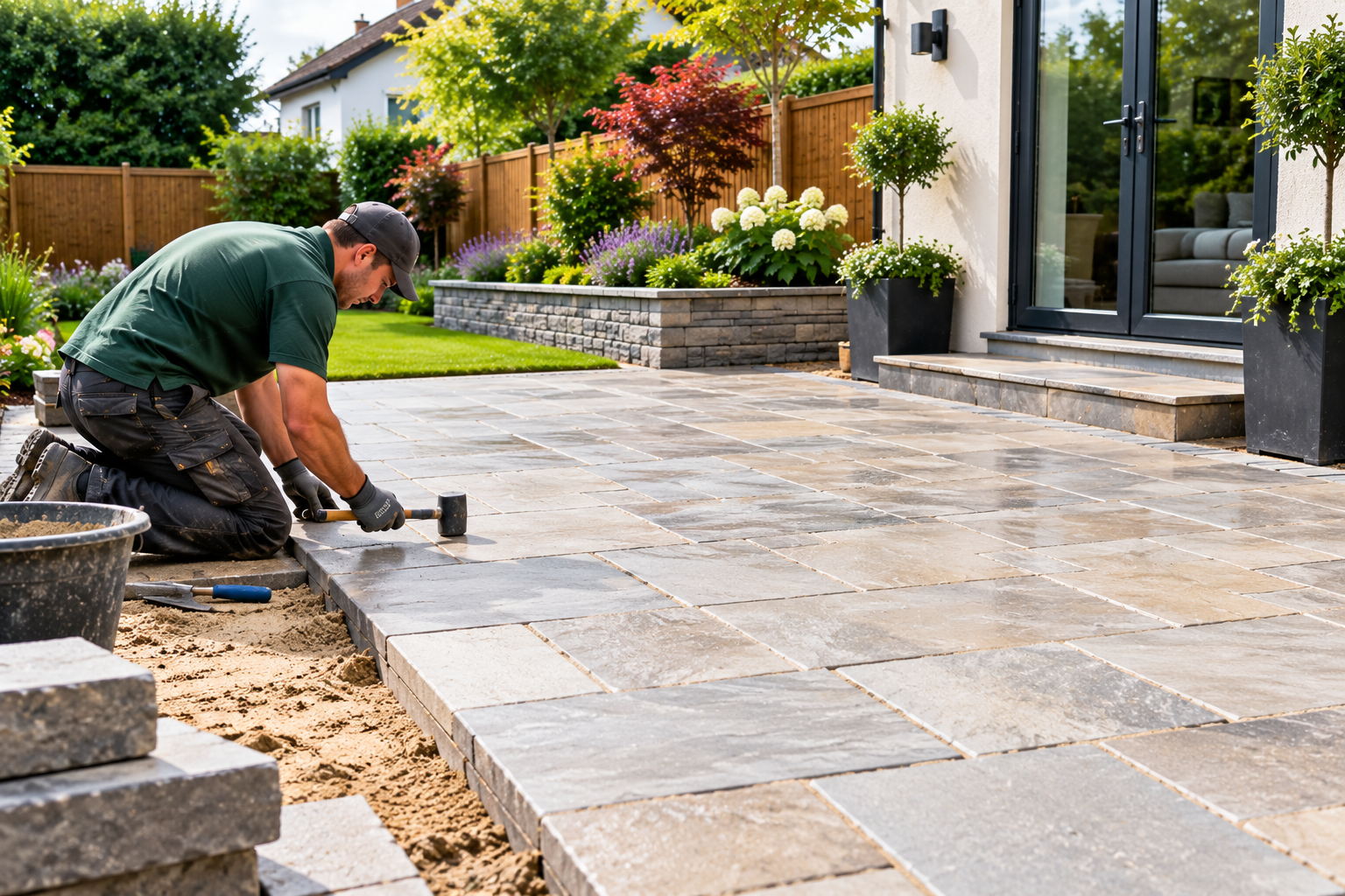 Professional paving service installing and finishing a modern stone patio in a landscaped garden.
