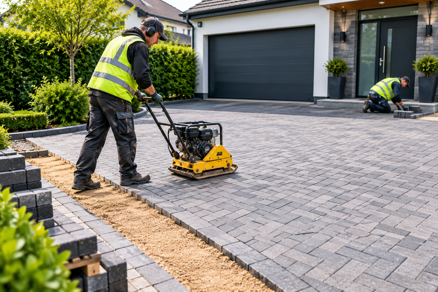 Professional driveway paving service installing and compacting block paving at a residential home.