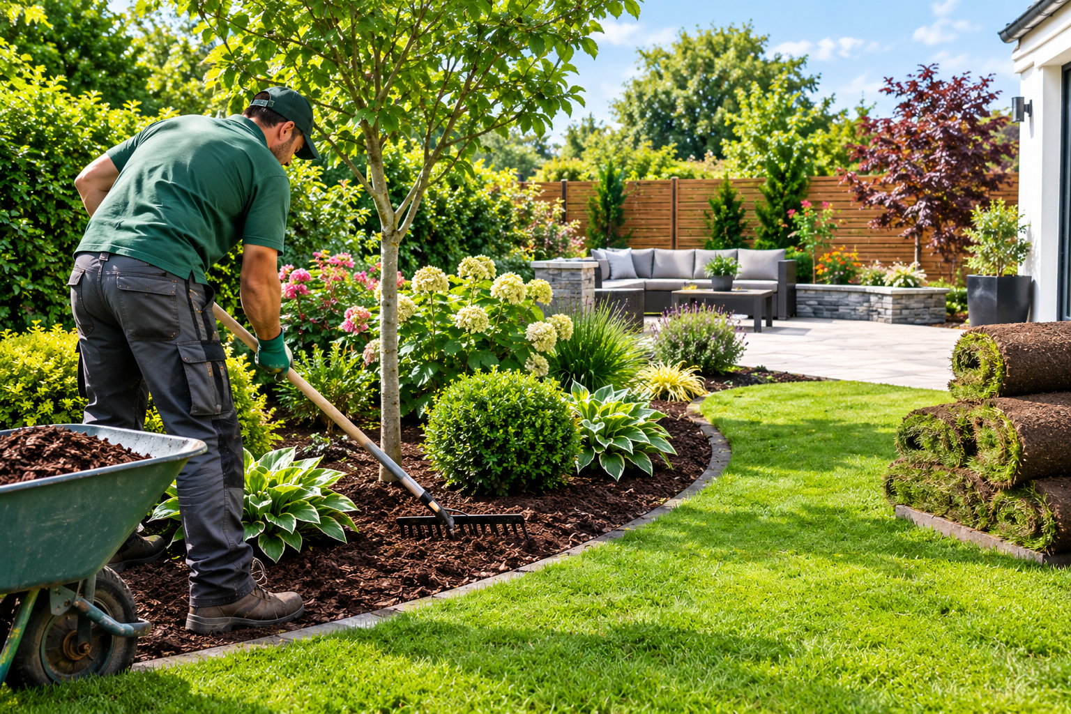 Professional garden landscaping with planted flower beds, fresh mulch and a neatly maintained lawn.